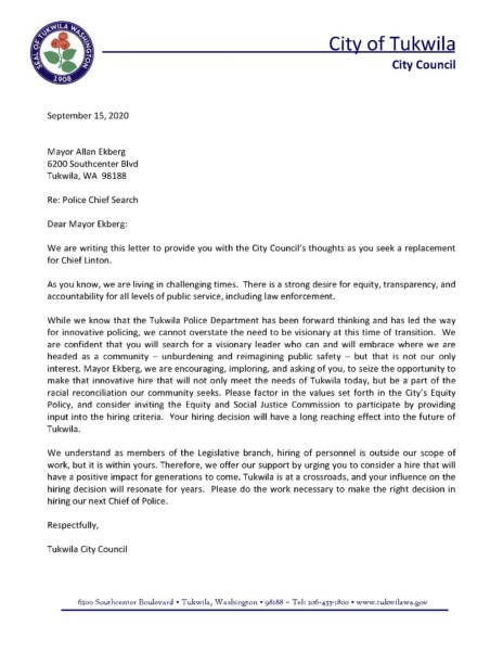 City Council Letter to Mayor, 9/15/20 - City of Tukwila